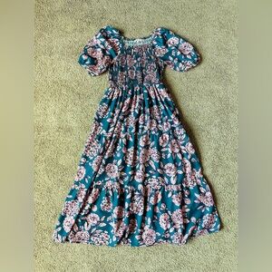Polagram Pink & Teal Smocked Maxi Hawaiian Floral Dress with Puff Sleeves